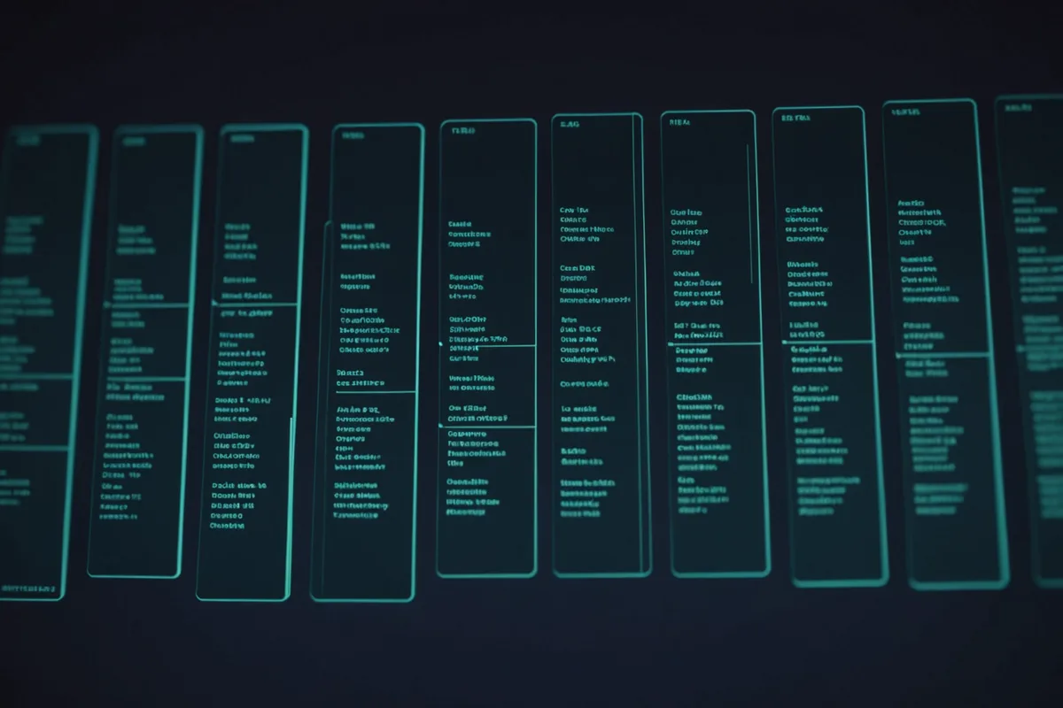 Abstract visualization of a radiology worklist with an urgent case rising to the top, teal priority signal glowing